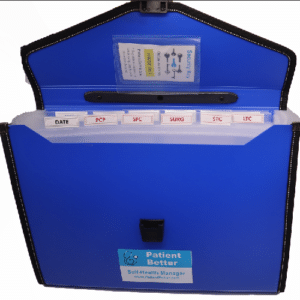An image of an opened Patient Better Health Manager: A blue carrying case labeled "Patient Better - Self-Health Manager," shown open with visible organized compartments and tabs for managing personal healthcare information effectively.
