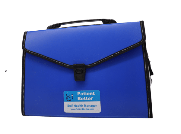 An image of a closed Patient Better Health Manager A blue carrying case with a handle, labeled "Patient Better - Self-Health Manager," designed to organize and manage personal healthcare information effectively.