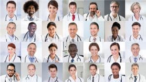 A collage of diverse healthcare providers' portraits representing a provider tracker tool to monitor healthcare personnel.