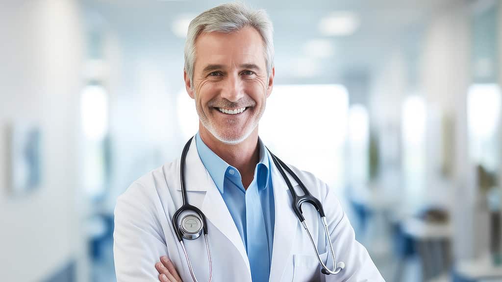 Empowering Providers," could be: "A confident male doctor with a stethoscope around his neck, smiling in a clinical setting, representing the theme of empowering providers.