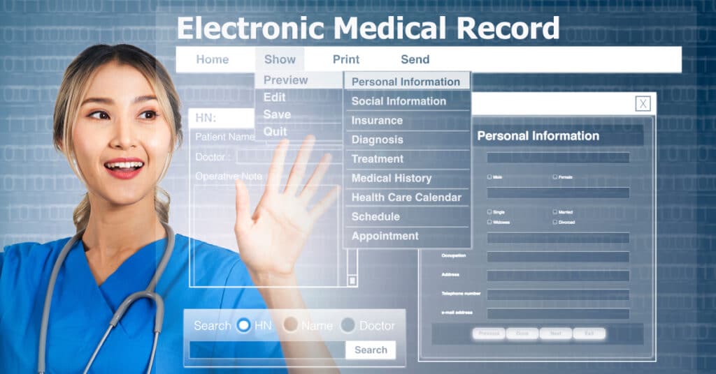 A healthcare professional interacts with a digital interface labeled 'Electronic Medical Record,' displaying various patient information categories such as personal information, medical history, and treatment plans. The background suggests a digital environment, emphasizing the use of electronic medical records for storing and managing patient data