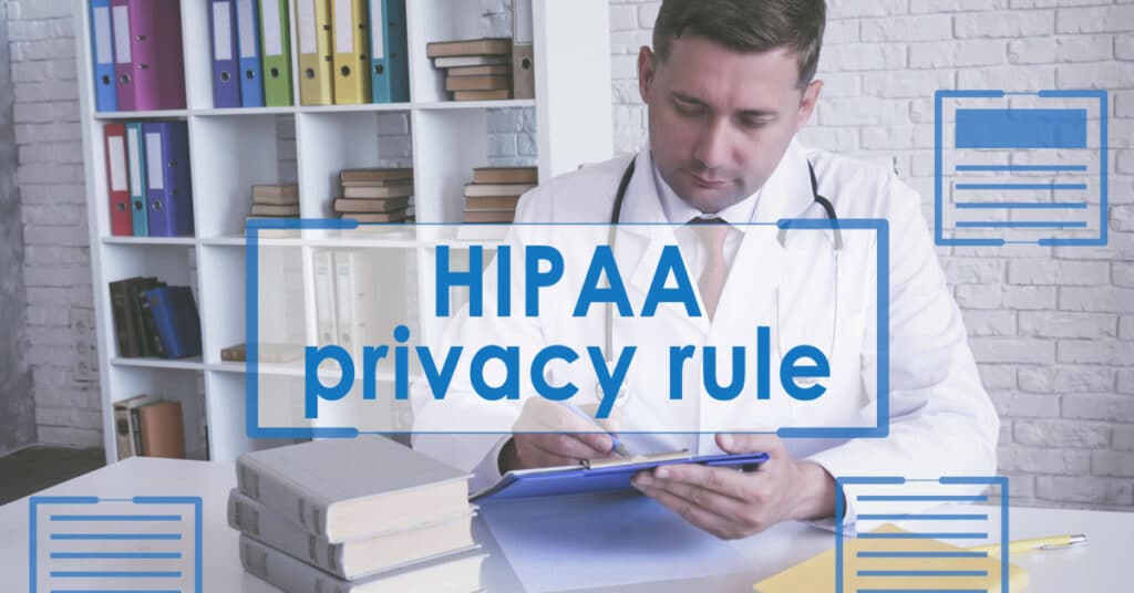 A doctor in a white coat with a stethoscope around his neck is reviewing a clipboard while seated at a desk. The background features shelves filled with colorful binders and books. Overlay text reads 'HIPAA privacy rule' in large blue letters, with additional document icons in the corners of the image.