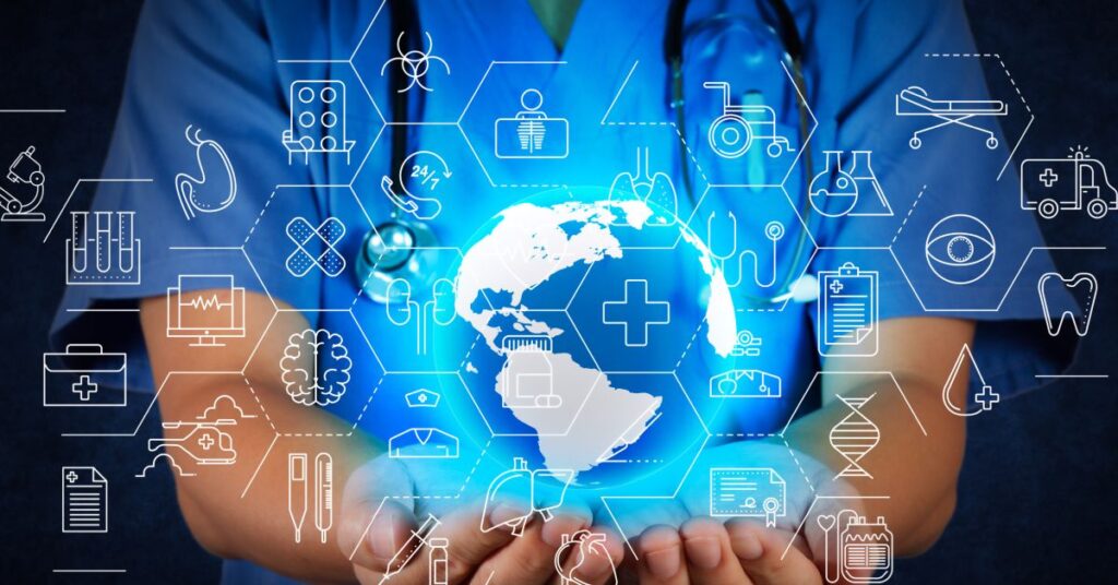 The image illustrates the hub-and-spoke model in healthcare, depicting a central glowing globe surrounded by interconnected healthcare icons such as medical equipment, patient care symbols, and diagnostic tools. The globe represents the "hub," symbolizing centralized expertise and resource management, while the surrounding icons act as "spokes," representing localized healthcare services like clinics and telemedicine access points. A healthcare professional in scrubs holds the imagery, emphasizing the coordination and integration of care between central facilities and satellite locations, a hallmark of the hub-and-spoke system.