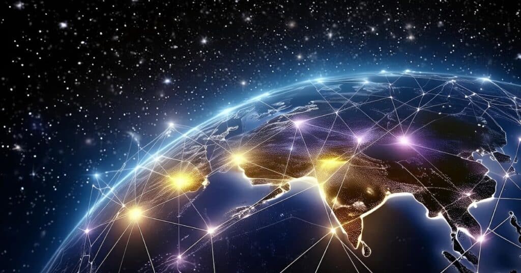 The image depicts a glowing view of Earth from space, showcasing a vibrant network of interconnected points across continents, symbolizing communication and collaboration. Brightly lit nodes represent major hubs or central facilities, while smaller illuminated points connected by lines signify satellite campuses, which extend services and resources from the central hubs to remote or decentralized locations. This visual highlights the concept of satellite campuses functioning as vital extensions of main institutions, enabling broader access and connectivity in education, healthcare, or other systems on a global scale.