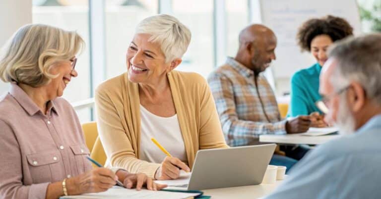 Older adults smiling and collaborating in a classroom setting, representing meaningful learning through shared experiences, active engagement, and lifelong education.