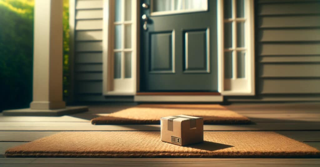 A tiny cardboard package placed outside on a front porch, in front of a door, during daylight with natural sunlight. The package is positioned on a doormat, near the door of a house, highlighting a contactless shipping details scenario.