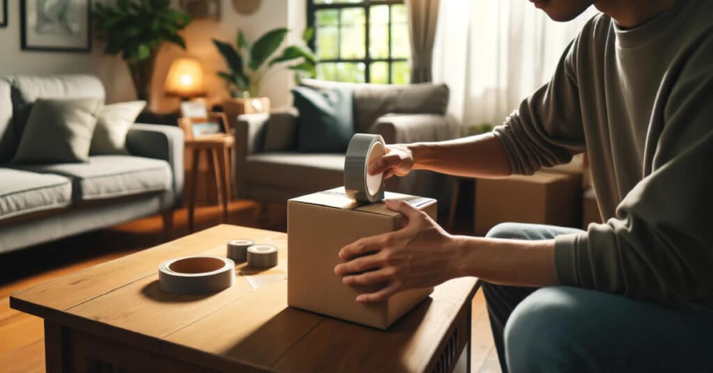 A person taping up a small rectangular Patient Better in a cozy living room, preparing it for returns. Natural daylight streams through the windows, illuminating the scene. The person is sitting at a table, focusing on securing the box with tape. The background features a couch, coffee table, plants, and warm home decor elements.