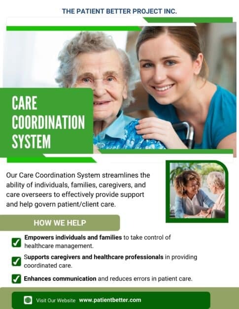 A flyer titled "Care Coordination System" from The Patient Better Project Inc. The flyer features a smiling elderly woman with a caregiver. The text describes how the Care Coordination System streamlines the ability of individuals, families, caregivers, and care overseers to effectively provide support and help govern patient/client care. It highlights three main benefits: Empowers individuals and families to take control of healthcare management. Supports caregivers and healthcare professionals in providing coordinated care. Enhances communication and reduces errors in patient care. At the bottom, there is a call to action: "Visit Our Website www.patientbetter.com" with a website link.