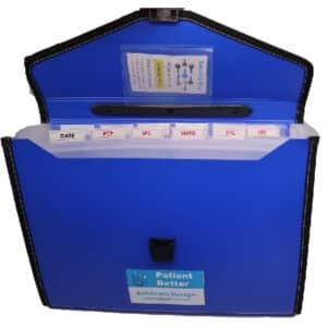 A blue Patient Better healthcare management organizer with its top flap open, revealing a well-structured accordion-style filing system inside. The organizer contains labeled tab dividers designed for categorizing and storing essential medical documents, such as prescriptions, insurance forms, test results, and doctor’s notes. A reference guide is attached to the inner flap, providing users with an easy-to-follow system for organizing their healthcare records efficiently. The Patient Better logo and tagline, “Self-Health Manager – Care Inside, Managed,” are displayed on the front. This portable and secure organizer is ideal for patients, caregivers, and healthcare advocates who need a reliable system to manage their medical paperwork and improve healthcare coordination.
