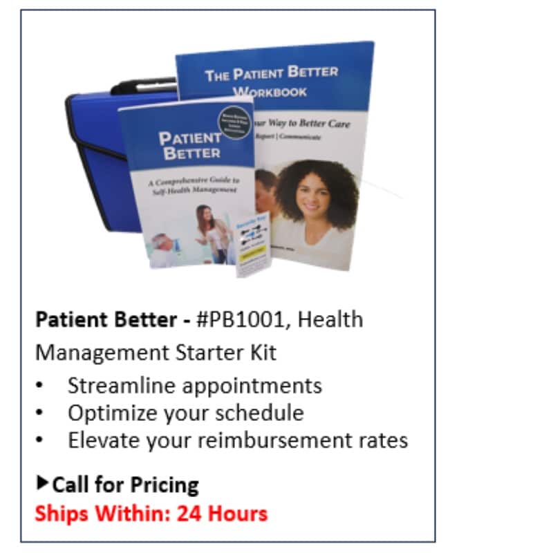 Image of the Patient Better Health Management Starter Kit, including a workbook and comprehensive guide. The listing highlights benefits such as streamlining appointments, optimizing schedules, and elevating reimbursement rates. Text reads: Call for Pricing, Ships Within: 24 Hours