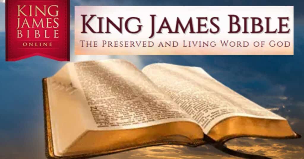 An open Bible displayed against a serene sky background with the text 'King James Bible: The Preserved and Living Word of God.' The logo 'King James Bible Online' is featured in red on the left, with a link to https://www.kingjamesbibleonline.org/.