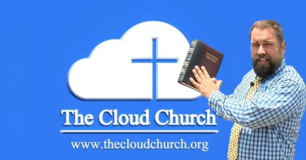 Brother Robert Breaker, founder of The Cloud Church, holding a Bible and smiling against a blue background featuring The Cloud Church logo, which includes a cross within a cloud and the website link 'www.thecloudchurch.org.