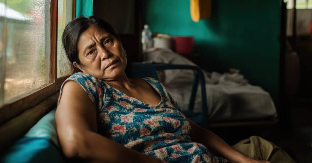 A middle-aged woman sits in a dimly lit room, leaning against a wooden window frame with a weary, distant expression. She wears a floral-patterned blouse and appears deep in thought or emotionally drained. The room is modest, with minimal furnishings—a bed in the background, a plastic bottle, and basic containers—suggesting limited resources or rural living conditions. The image reflects a quiet but powerful portrayal of emotional and physical hardship. Healthcare disparities refers to the differences in access, treatment, and health outcomes among populations due to socioeconomic, racial, or geographic barriers, often leading to increased instances of delayed care. This scene captures the human cost and isolation that often accompany unequal healthcare access.