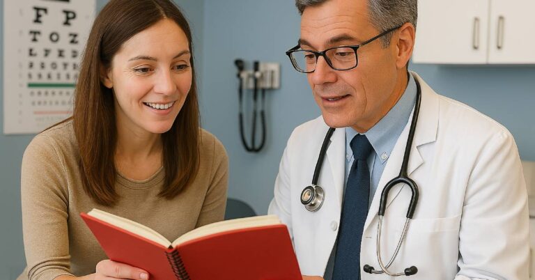 The featured image for article: "How I Learned to Advocate for Myself in the Doctor’s Office—And How You Can Too" A woman sits beside a doctor in a brightly lit medical exam room, holding a red spiral notebook open between them. The woman, casually dressed in a tan long-sleeve shirt and jeans, smiles confidently as she points to a page, clearly prepared to advocate for herself during the visit. The doctor, wearing a white lab coat, navy tie, and stethoscope, listens attentively and looks at the notebook with interest. Behind them, a wall-mounted eye chart and medical tools subtly reinforce the clinical setting. The image captures a moment of collaborative communication, emphasizing the power of preparation in effective self-advocacy.