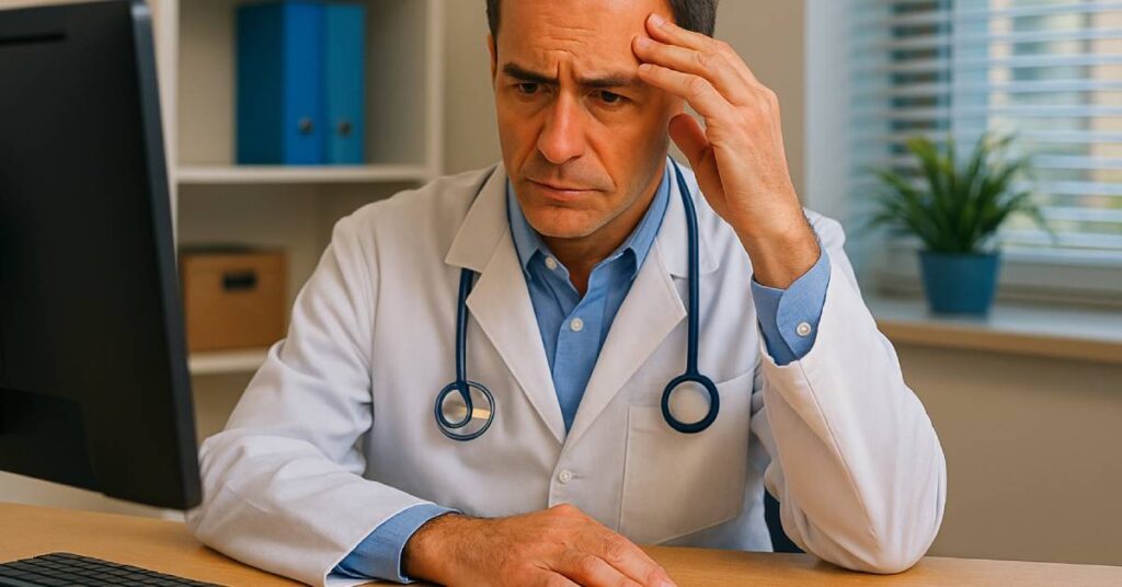 A middle-aged male doctor in a white lab coat sits at his desk, looking intently at a computer screen in a well-lit medical office. His serious expression and furrowed brow convey concern, suggesting he is reviewing complex patient information. The image captures the critical moment in clinical decision-making where a diagnostic error—a failure to identify a condition correctly, leading to misdiagnosis or delayed treatment—can occur. The clean, professional setting and natural lighting emphasize the weight of responsibility in ensuring accurate diagnoses.