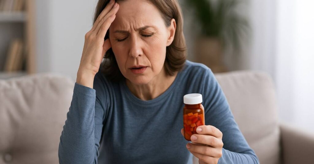 A middle-aged woman with shoulder-length light brown hair sits on a beige sofa in a softly lit living room, appearing distressed. She presses her left hand against her forehead, eyes closed tightly in discomfort, while holding an amber prescription bottle filled with red and orange capsules in her right hand. Several blister packs of other medications are spread out on the wooden coffee table in front of her. This image portrays the experience of a drug interaction — when one medication affects the activity, effectiveness, or side effects of another drug, supplement, or substance taken at the same time — highlighting the confusion and discomfort such interactions can cause.