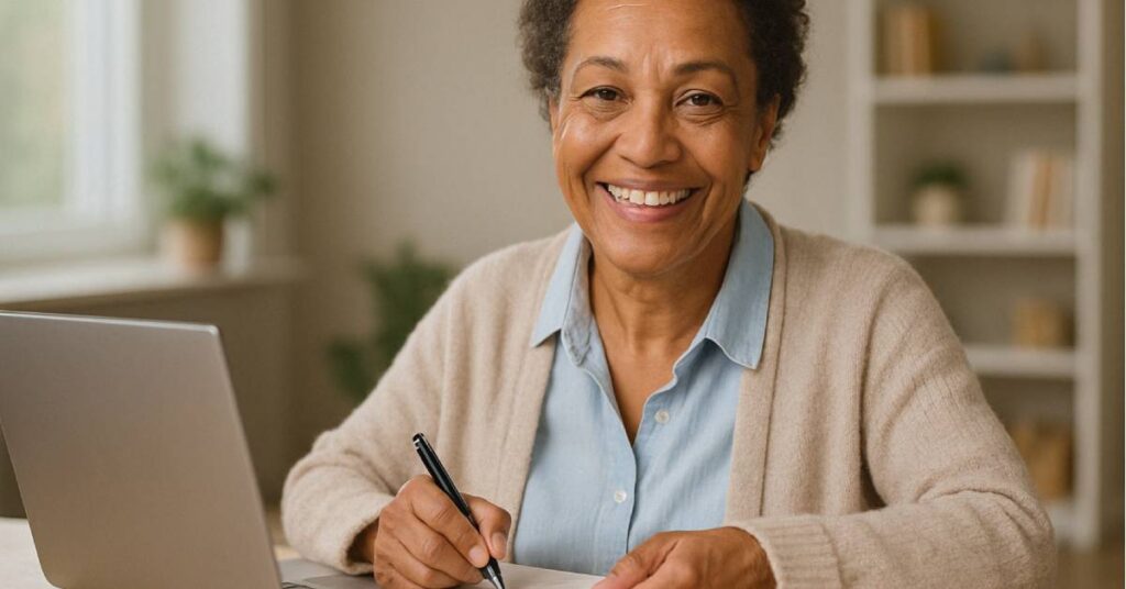 A smiling middle-aged Black woman, representing a healthcare proxy, sits at a tidy wooden desk in a softly lit room. She wears a light blue button-down shirt under a beige cardigan, and looks directly into the camera with a warm, reassuring expression. In front of her, a silver laptop and a yellow notepad suggest she is actively working or preparing important documents. A healthcare proxy is a person legally authorized to make medical decisions on someone else's behalf, and this image captures that supportive, trustworthy role through her composed and confident demeanor.