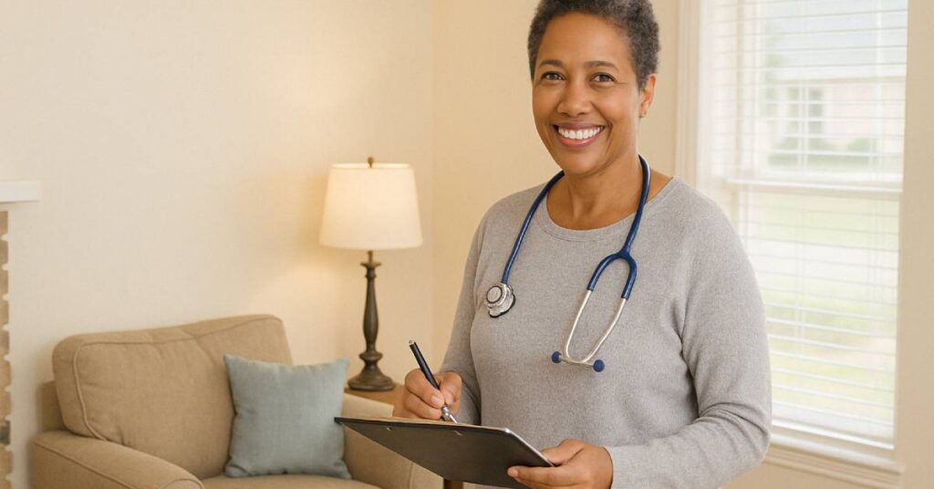 A smiling African American female healthcare professional stands in a warmly lit living room, holding a clipboard and pen as she conducts a home safety evaluation. She wears a stethoscope around her neck and appears engaged and approachable. The space is tidy and cozy, with neutral-toned furniture, a soft blue accent pillow, a side lamp, and sunlight filtering through the blinds. This scene visually represents a home safety evaluation, which is a professional in-home assessment—typically completed by a nurse or therapist—to identify risks and ensure the environment supports safe, effective care for recovery or daily living.
