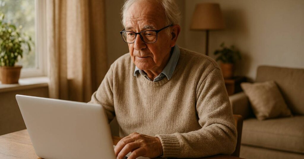 An elderly man with light skin, white hair, and black-framed glasses sits at a wooden table in a warmly lit living room, intently working on a silver laptop. He wears a beige sweater over a collared shirt and appears focused, suggesting he's engaged in a meaningful task—perhaps organizing his medical notes. The cozy background includes soft beige curtains, a potted plant on the windowsill, a cushioned armchair, and a standing lamp, creating a peaceful home setting. Medical notes are formal, standardized documents created by licensed healthcare professionals to record, communicate, and track a patient’s condition, treatment, and progress throughout their care journey.