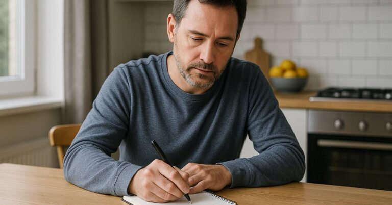 A middle-aged man with short brown hair and a salt-and-pepper beard sits quietly at his kitchen table, writing Non-Standard Notes by hand in a spiral notebook. He wears a soft blue-gray sweater and leans slightly forward, appearing thoughtful and deliberate. The surrounding kitchen is warm and homey, with a bowl of lemons on the counter, white subway tiles, and sunlight streaming in from a nearby window, evoking a sense of personal reflection and caregiving.