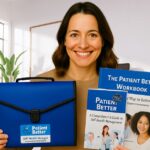 A smiling woman in her mid-30s with shoulder-length chestnut brown hair stands in a bright, modern home office with large windows and minimalist decor. She wears a tan sweater and confidently holds the complete Patient Better educational system in her hands. In her left hand, she displays the royal blue Health Manager, a smooth-surfaced, lightweight plastic file organizer featuring a secure black push-clip closure and a front label reading “Patient Better – Self-Health Manager – www.PatientBetter.com.” In her right hand, she holds two booklets: “The Patient Better Workbook” and “Patient Better: A Comprehensive Guide to Self-Health Management.” These resources are part of the Health Management Starter Kit, which also includes a 13-pocket expanding file folder inside the Health Manager, designed to mirror the structure of the healthcare system’s documentation process. This image encapsulates the full program details of the Patient Better system. Individuals who purchase the Health Management Starter Kit gain access to a step-by-step educational program that teaches foundational skills in healthcare navigation, recordkeeping, and communication. The program is not condition-specific—it equips people with the critical thinking and analytical skills necessary to manage their care confidently across any health condition or life stage. Participants learn how to organize their medical records, ask the right questions, report health issues clearly, and reduce risks tied to misunderstandings and documentation errors. The knowledge gained through Patient Better empowers users to take control of their healthcare journey for life.