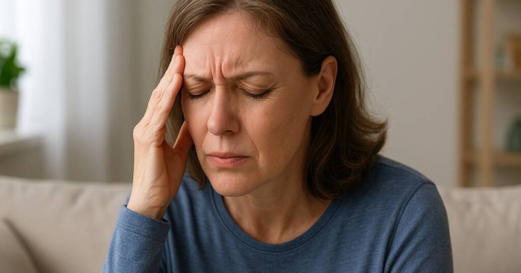 A middle-aged woman with light brown hair sits on a beige sofa in a softly lit living room, wearing a long-sleeved blue shirt. She appears to be experiencing a side effect — an unintended physical, emotional, or behavioral reaction to a medical treatment — as she presses her left hand against her temple with her eyes closed and her face tense in discomfort, suggesting a headache or dizziness. In the background, there is a blurred bookshelf and a plant, adding a calm but intimate setting that highlights her struggle in the moment.