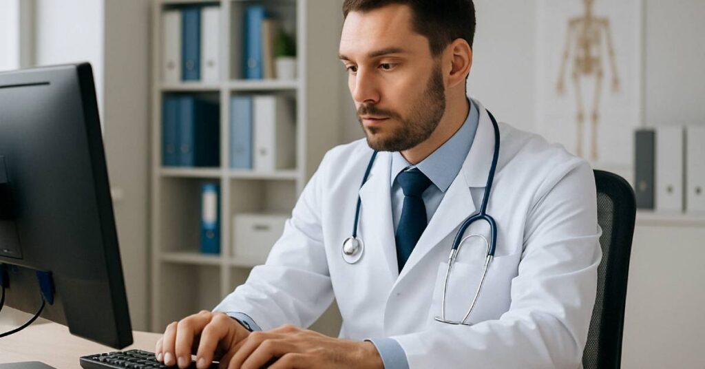 A male healthcare professional in his 30s, wearing a white lab coat and a stethoscope, types Standard Notes into a desktop computer at his medical office. He appears focused and calm, seated at a light wooden desk in front of a large monitor. The background includes organized shelves with medical files and a skeletal anatomy poster, reinforcing a clinical and professional setting. Natural daylight brightens the room, creating a clean and trustworthy atmosphere.