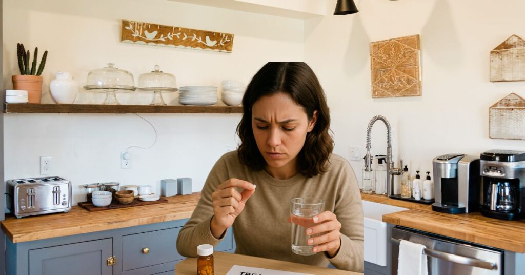 A young woman sits at a wooden kitchen counter, appearing deep in thought as she holds a white pill in one hand and a glass of water in the other. In front of her is a printed “Treatment Adherence” checklist, a pen, and an amber pill bottle. The background shows a tidy kitchen with wooden shelves, dishware, a coffee maker, and natural light illuminating the space, conveying a personal and relatable scene of someone trying to follow her doctor's treatment plan.