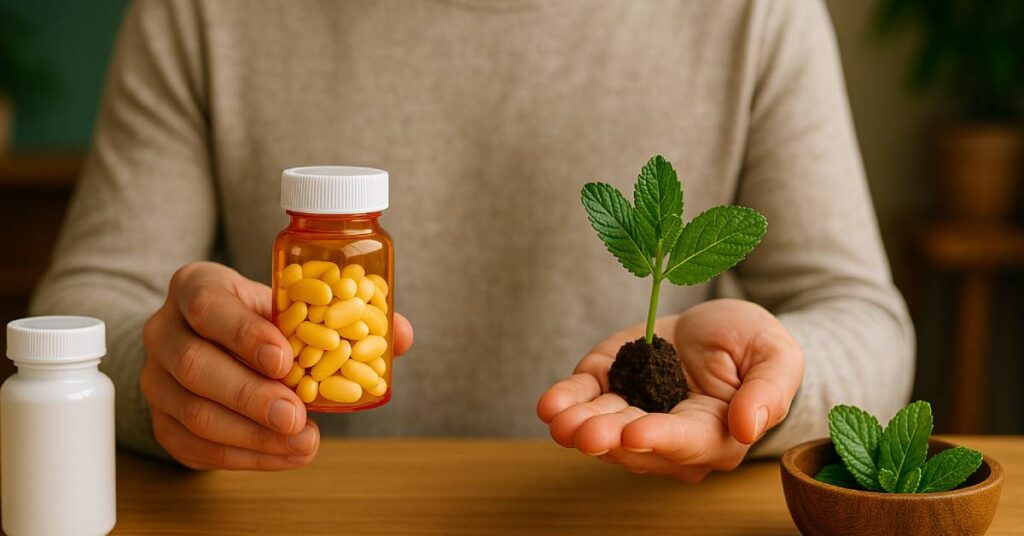 A person sits at a table with both hands extended—one hand holding a bottle of prescription medication and the other holding a sprig of fresh mint—visually representing the concept of treatment options. A second bottle of pills and a small wooden bowl with more mint leaves rest on the table. This image reflects the definition of treatment options: the different medical strategies or therapies available to manage, cure, or alleviate a health condition or its symptoms.