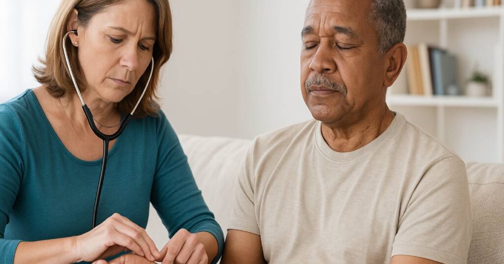 A middle-aged woman sits on a beige sofa in a softly lit living room, wearing a teal shirt and a stethoscope around her neck. With focused attention, she gently presses her fingers against the wrist of an older man seated beside her, who has his eyes closed and a calm expression. The caregiver appears to be checking his pulse, a key part of assessing vital signs—which are the essential measurements of the body’s basic functions, including temperature, pulse, breathing rate, and blood pressure, used to evaluate a person’s overall health and detect potential medical issues.