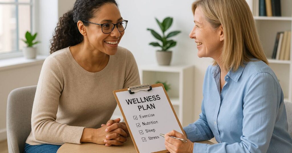 In a softly lit wellness office, two women sit across from each other at a small table in warm conversation. The room is filled with natural light and neutral, calming tones, with potted plants adding a touch of greenery. One woman, appearing to be in her 30s and dressed casually in beige and blue, listens attentively. Across from her, a slightly older woman with short, natural hair gestures gently while holding a clipboard, suggesting a discussion or guidance session. Their engaged expressions convey trust and collaboration. This scene represents a consultation focused on developing a wellness plan—a personalized roadmap to improve and maintain overall health based on one’s goals and conditions.