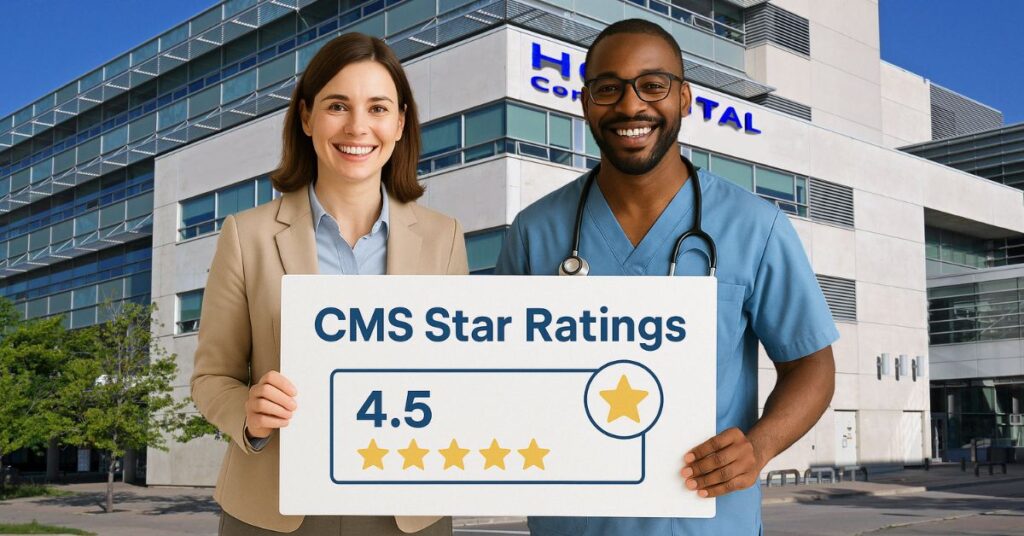Two smiling healthcare professionals, a woman in a blazer and a man in scrubs, stand outside a hospital holding a large sign that reads “CMS Star Ratings” with a 4.5 out of 5 stars displayed. CMS Star Ratings are a quality measurement system used by Medicare to rate health insurance plans based on patient experience, clinical outcomes, and service. The image visually represents the concept of care quality and patient advocacy.