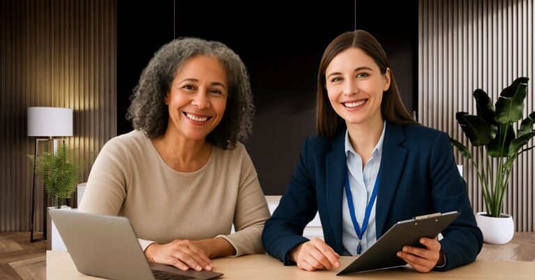 Two smiling women sit at a desk in a modern office setting, representing a patient and a healthcare or insurance representative. The older woman, wearing a beige sweater, rests her hands on a laptop, while the younger woman, dressed in a navy blazer with a name badge, holds a clipboard. Both look directly at the camera, symbolizing collaboration and trust. This image supports the theme “Why CMS Star Ratings Matter,” highlighting the importance of communication between patients and insurers in achieving high-quality healthcare outcomes.