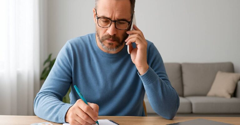 A middle-aged man with glasses and a beard sits at a wooden desk in a softly lit living room, holding a phone to his ear while writing in a notebook. He wears a light blue sweater and appears focused, engaged in organizing his thoughts and noting important points—illustrating the concept of appointment preparation, which is the process of organizing your thoughts, questions, and documents before a medical visit to ensure a productive appointment.