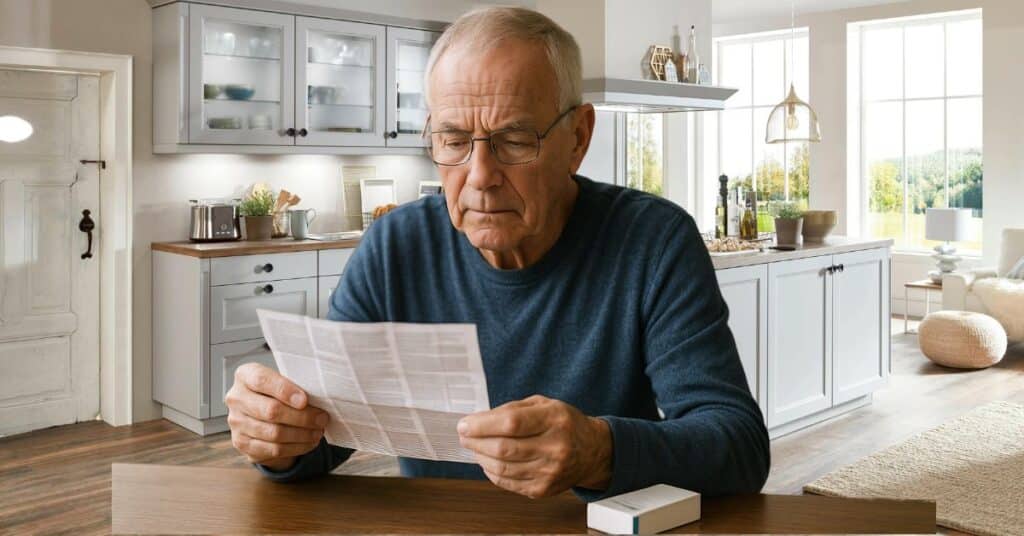 An elderly man with short gray hair and glasses sits at a wooden table in a bright, modern kitchen, deeply focused as he reads a folded medication package insert. He wears a blue long-sleeve shirt, and a white medicine box rests on the table in front of him. The kitchen behind him features white cabinetry, a wood countertop, and large windows letting in natural daylight, creating a calm and informative atmosphere. His intent expression suggests he is learning about contraindications—medical conditions or factors that serve as reasons to withhold a certain treatment due to the potential for harm. This moment visually captures patient empowerment and the importance of understanding medication safety.