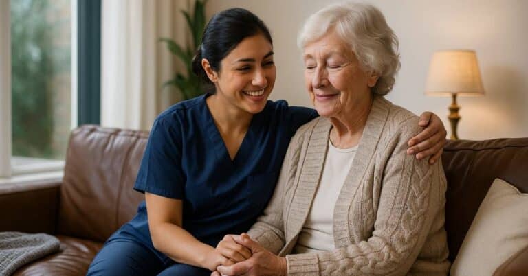 A compassionate respite care moment shows a smiling caregiver in navy scrubs sitting beside an elderly woman on a leather sofa, gently holding her hand. The elderly woman, dressed in a beige cardigan, looks peaceful with her eyes closed. This warm, natural-lit scene illustrates respite care—the short-term support that allows caregivers to rest while someone else temporarily provides care for their loved one.
