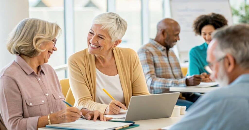 A diverse group of older adults sits in a bright, collaborative classroom setting, engaged in a learning activity with notebooks, pens, and laptops. Two women in the foreground smile and share notes, reflecting confidence and connection. This image represents the Patient Better Standard Pilot, a structured engagement program designed for Medicare Advantage plans with over 50,000 members. The standard pilot supports pre-care education and patient readiness through scalable, reportable engagement without increasing provider workload.