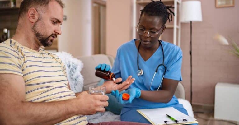 The importance of health literacy shown as a nurse educates a patient on safe medication use, highlighting six essential benefits for patient education, communication, healthcare access, and better health outcomes.