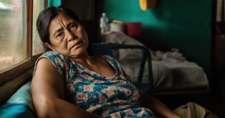 A woman sits by a window in a modest home, looking tired and concerned, reflecting the impact of social determinants of health such as housing, income, and environment on well-being.