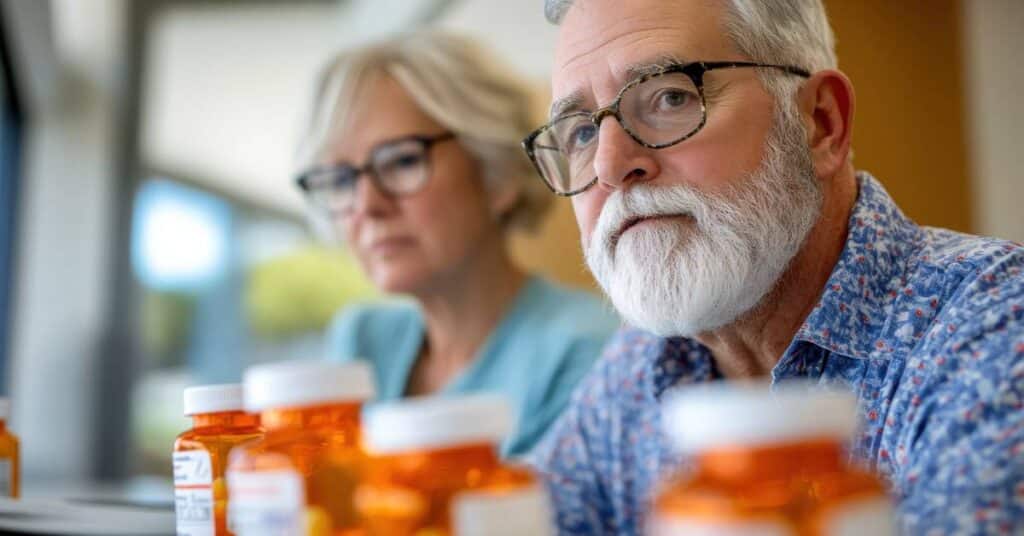 Older couple reviewing prescription bottles during medication reconciliation to ensure accuracy and patient safety in healthcare.