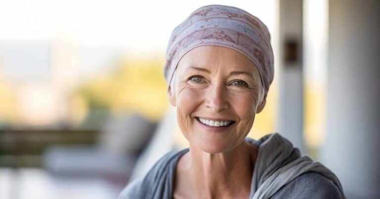 Smiling woman in recovery wearing a headscarf, symbolizing hope and strength in oncology care and cancer treatment.