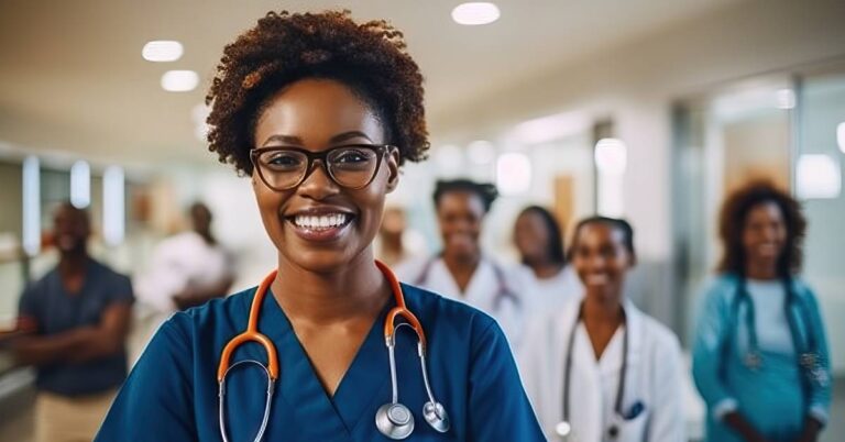 A smiling healthcare professional standing with a diverse medical team in a clinic, symbolizing integrative care and collaborative, whole-person healthcare.