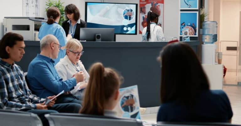 People waiting in an urgent care center’s lobby, showing what an urgent care facility looks like in real life.