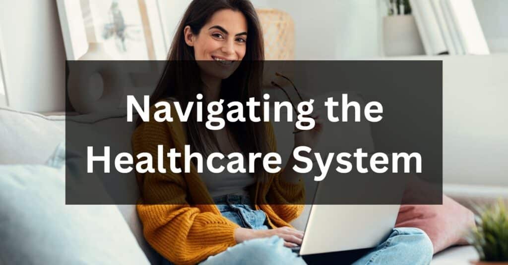 A woman sitting comfortably on her couch with a laptop, smiling as she looks up, representing the Navigating the Healthcare System category and learning how to manage appointments, referrals, and care tasks from home.