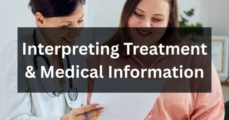 Patient reviewing paperwork with a clinician, illustrating the challenges of interpreting treatment and medical information.