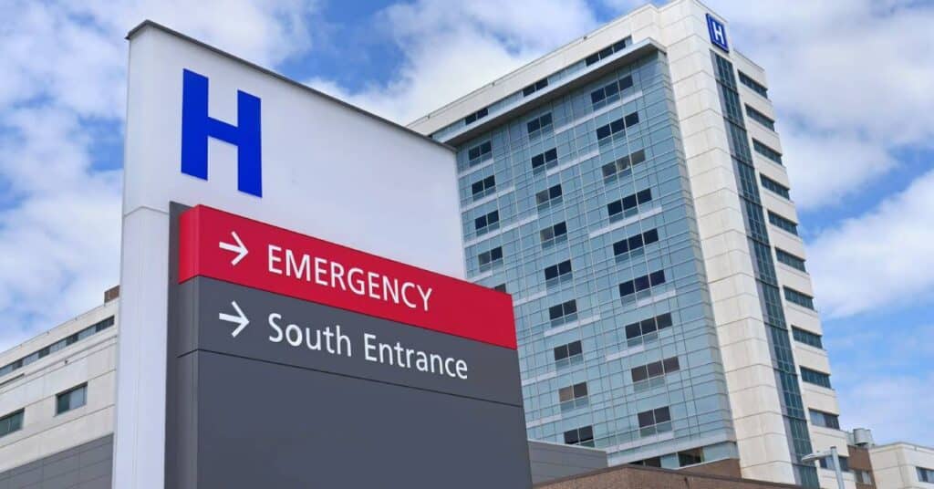 Hospital emergency entrance for patients affected by the 2025 pasta recall listeria outbreak.