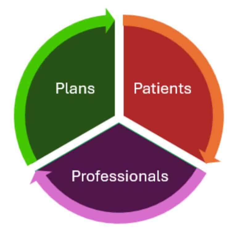 A three-part circular diagram titled the Patient Better Ecosystem. The chart is divided into three equal sections labeled “Plans,” “Patients,” and “Professionals.” Each section is color-coded—green for Plans, red for Patients, and purple for Professionals—and the segments connect at the center to illustrate how all three groups work together within the same engagement framework.