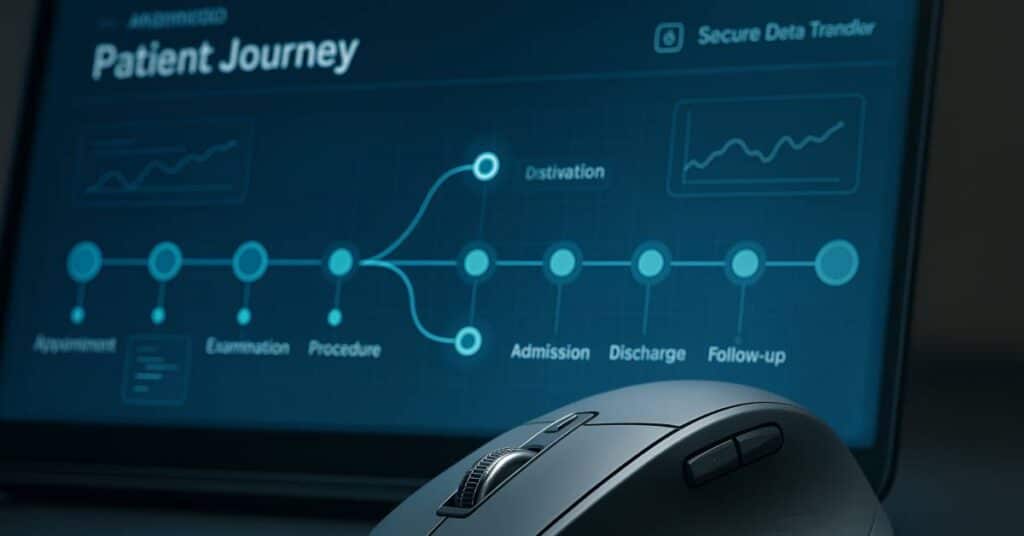 Digital patient journey diagram illustrating the steps of a clinical pathway, showing coordinated stages from appointment to follow-up.