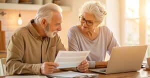 Older couple reviewing Medicare updates together at home, comparing coverage options to choose the plan that best fits their current health needs.