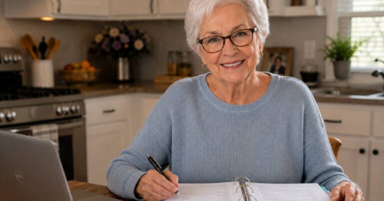 An older woman sits confidently at her kitchen table, smiling directly at the camera while organizing a medical binder setup with medical records and paperwork. A laptop is open beside her, and the binder contains neatly arranged healthcare documents, creating a realistic home-based health management scene that conveys preparedness, independence, and peace of mind.